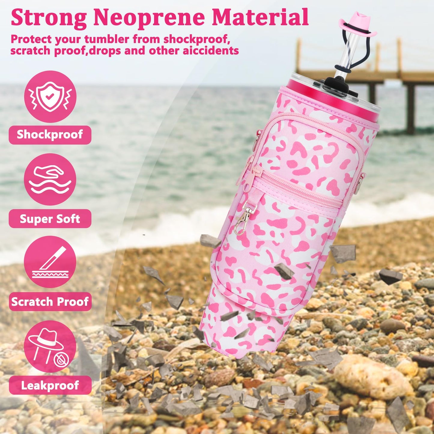 Water Bottle Carrier Bag with Phone Pocket and 2 Straw Covers Compatible with Stanley/Meoky/BrüMate 40 oz Tumbler with Handle,Water Bottle Holder with Adjustable Strap Fits for Stanley Cup Accessories