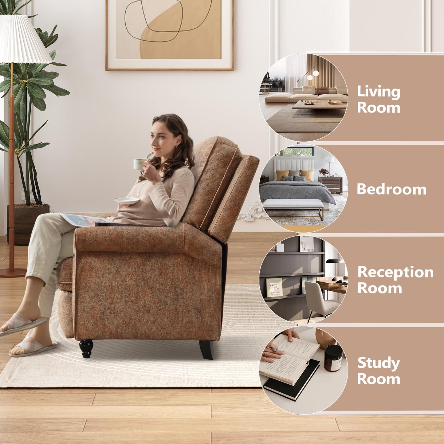 Bonzy Home Recliner Chair Accent Chair Set of 2, Push Back Reclining Chair with Padded Seat, Single Sofa Fabric Recliners for Living Room Bedroom Home Theater, Retro Brown