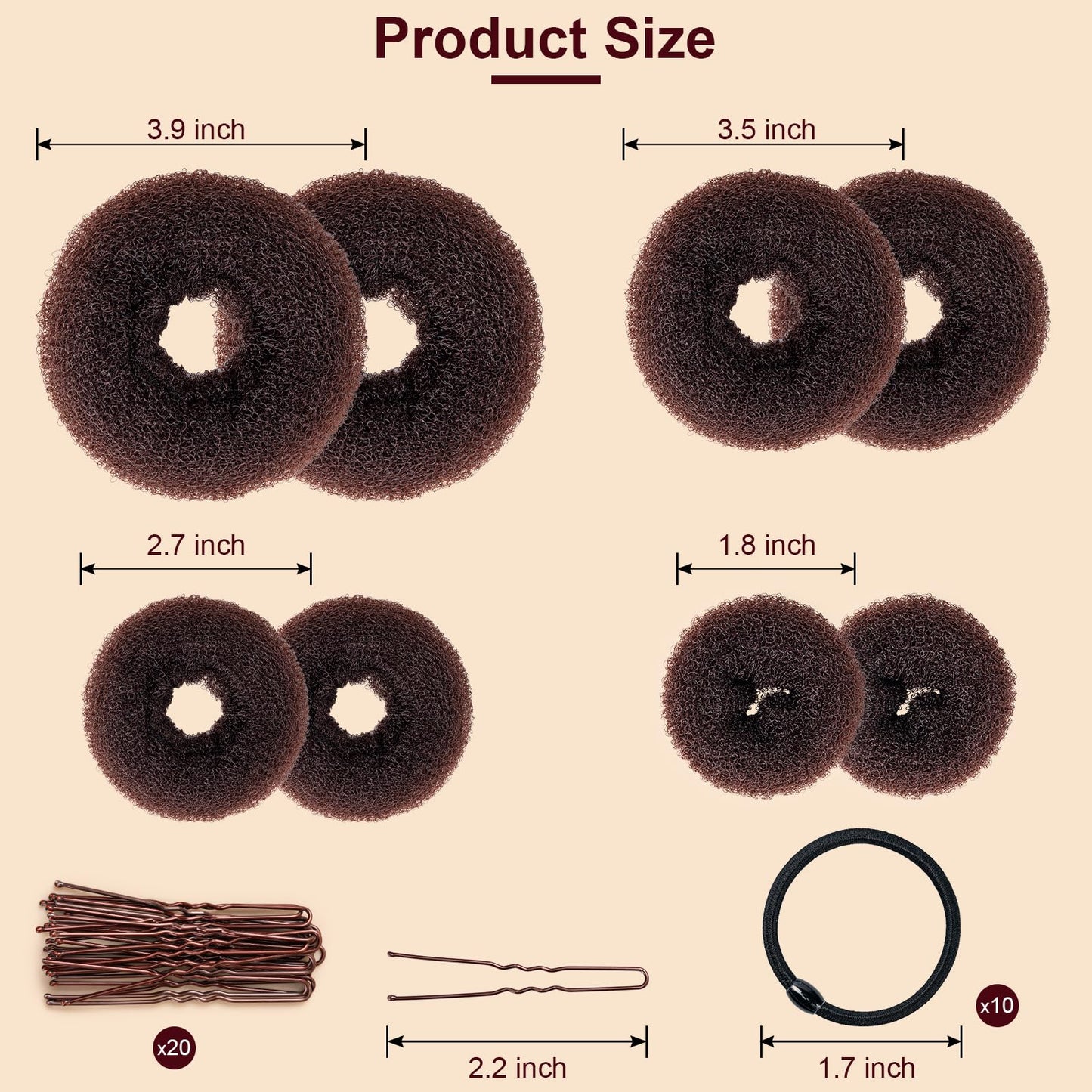 Amrules Donut Hair Bun Maker Set, 8 Pieces with 10 Black Rubber Bands and 20 Bun Bobby Pins for Ladies, Brown