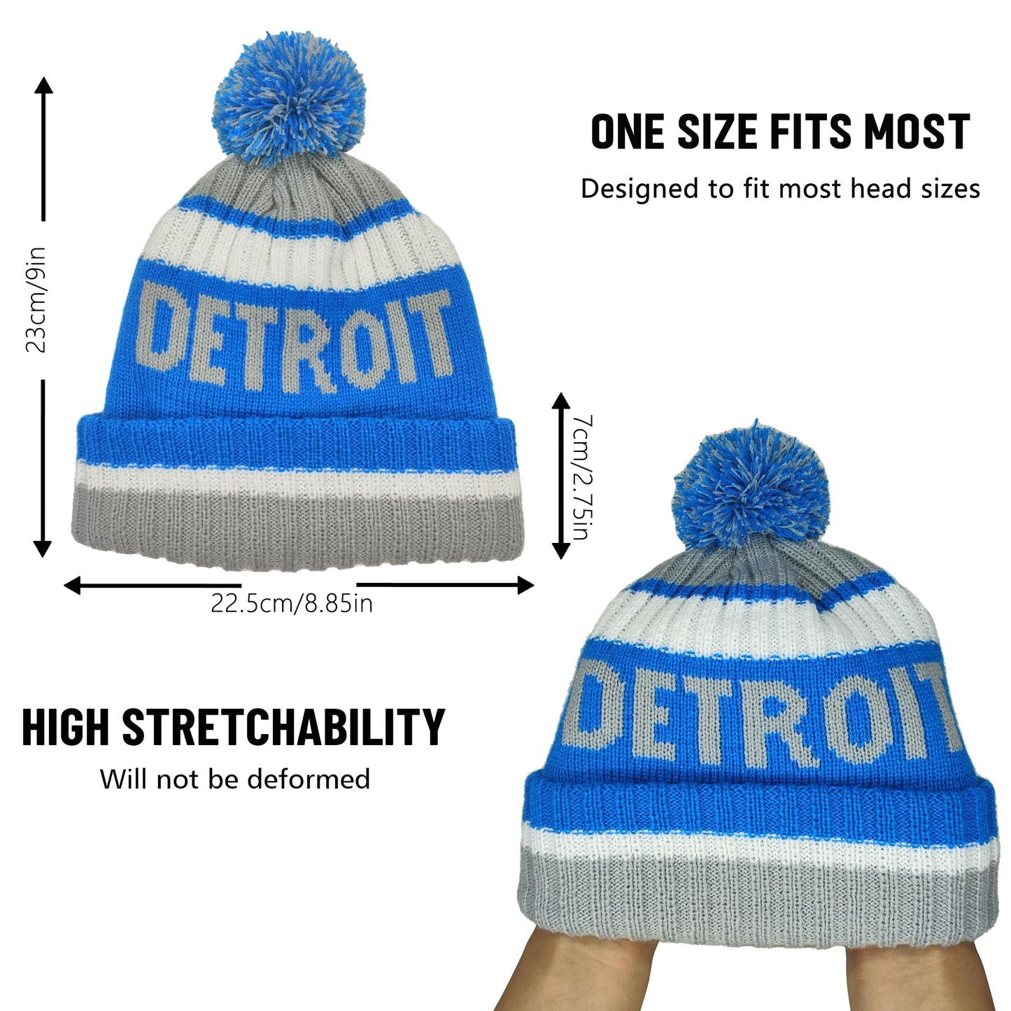 aoenbork Detroit Beanie Knit Hat with Pom Winter Cuffed Cap Sport Fans Gift
