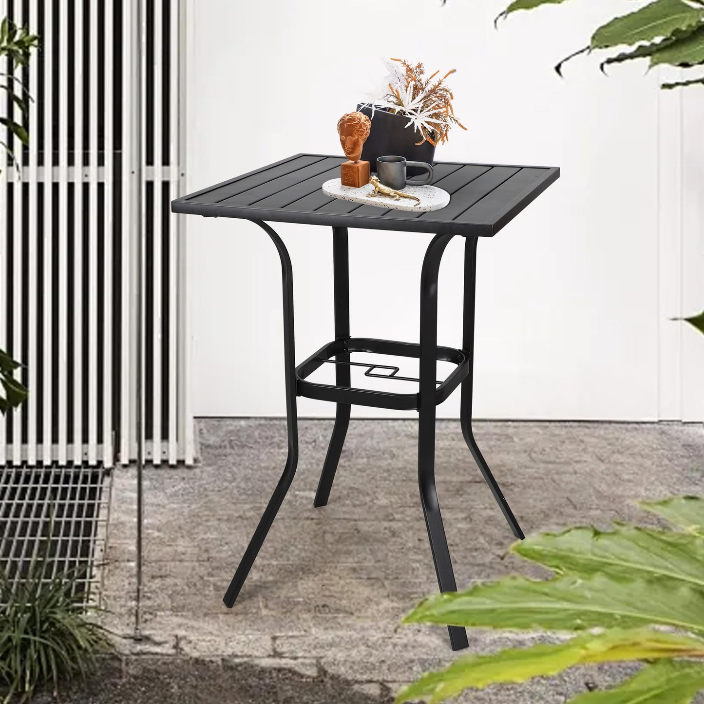 Incbruce Patio High Bar Table, 39" Height Bistro Table with 1.57'' Umbrella Hole, Square Outdoor High Top Table Metal Steel Frame and Slat Design (Slatted Tables Top), Black