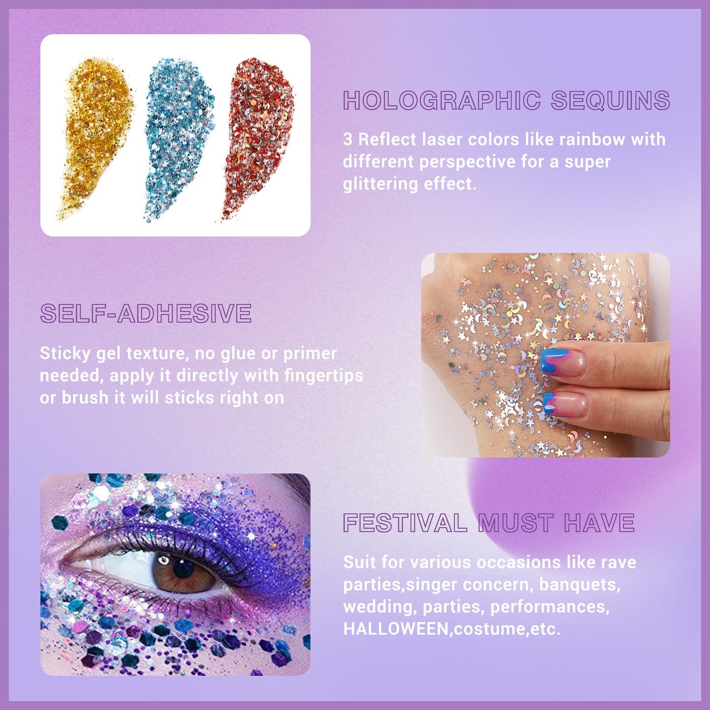 BADCOLOR Gold Blue Red Face Body Glitter Set, Holographic Shimmer Chunky Glitters for Hair Nails Eye Lips, Music Festival Concert Rave Accessories Party, Sparkling Mermaid Sequins Gel Makeup Kit
