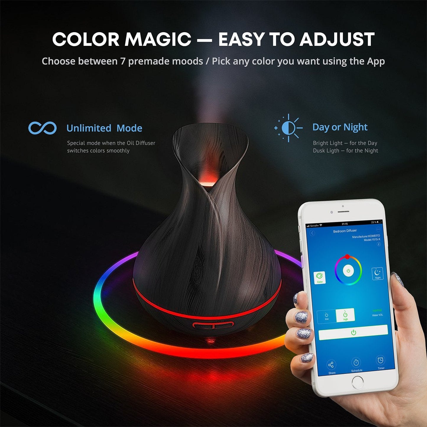 Sierra Modern Home Smart WiFi Wireless Essential Oil Aromatherapy 400ml Ultrasonic Diffuser & Humidifier with Alexa & Google Home Phone App & Voice Control - LED & Timer Settings Dark Brown