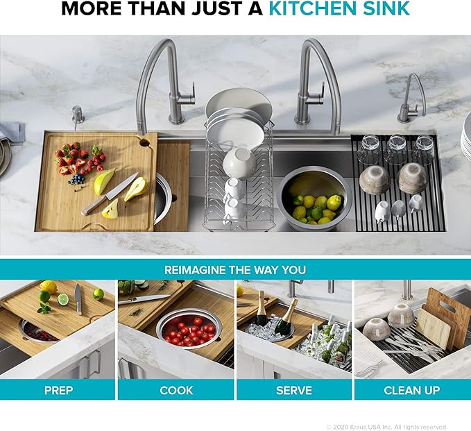 Kraus KWU210-57 Kore 2-Tier Workstation Undermount 16 Gauge Stainless Steel Single Bowl Kitchen Sink with 10 Piece Chef’s Kit of Accessories, 57 inch