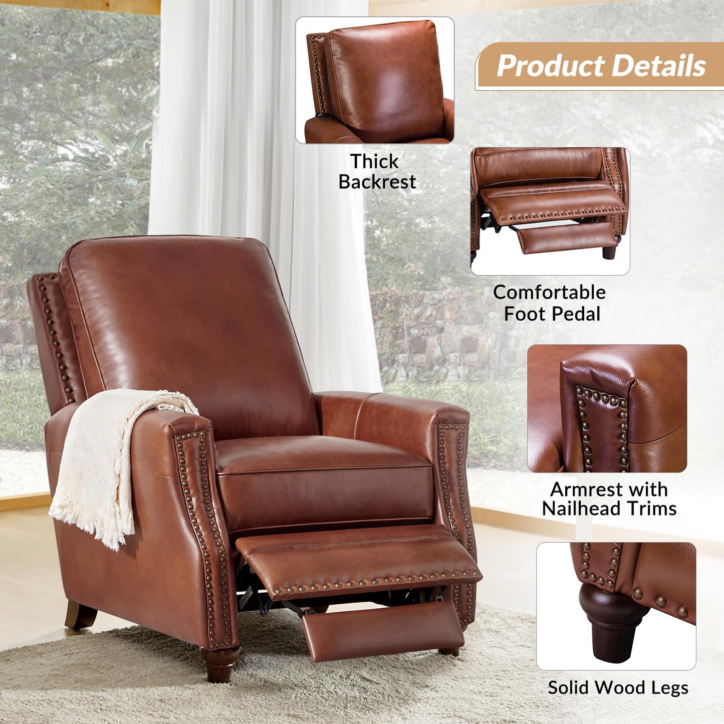 HULALA HOME Genuine Leather Manual Recliner Chair,Classic Push Back Reclining Armchair Sofa with Thick Seat, Adjustable Backrest & Nailhead Trim for Living Room Home Theater (Brown)
