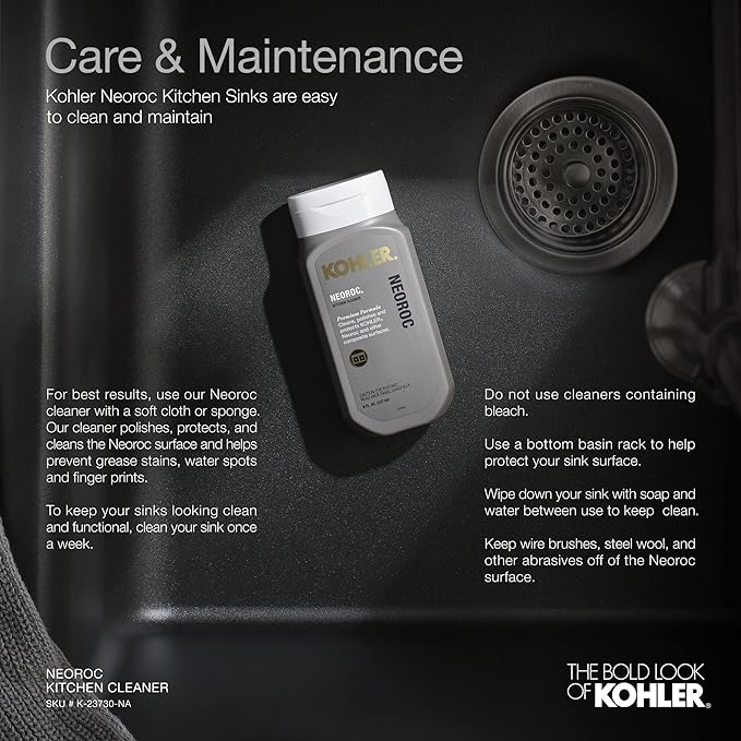 KOHLER K-8206-CM4 Cairn Sink, 33" Neoroc Composite Undermount Single-Bowl Kitchen Sink, Composite Kitchen Sink with Sink Rack, Matte Grey