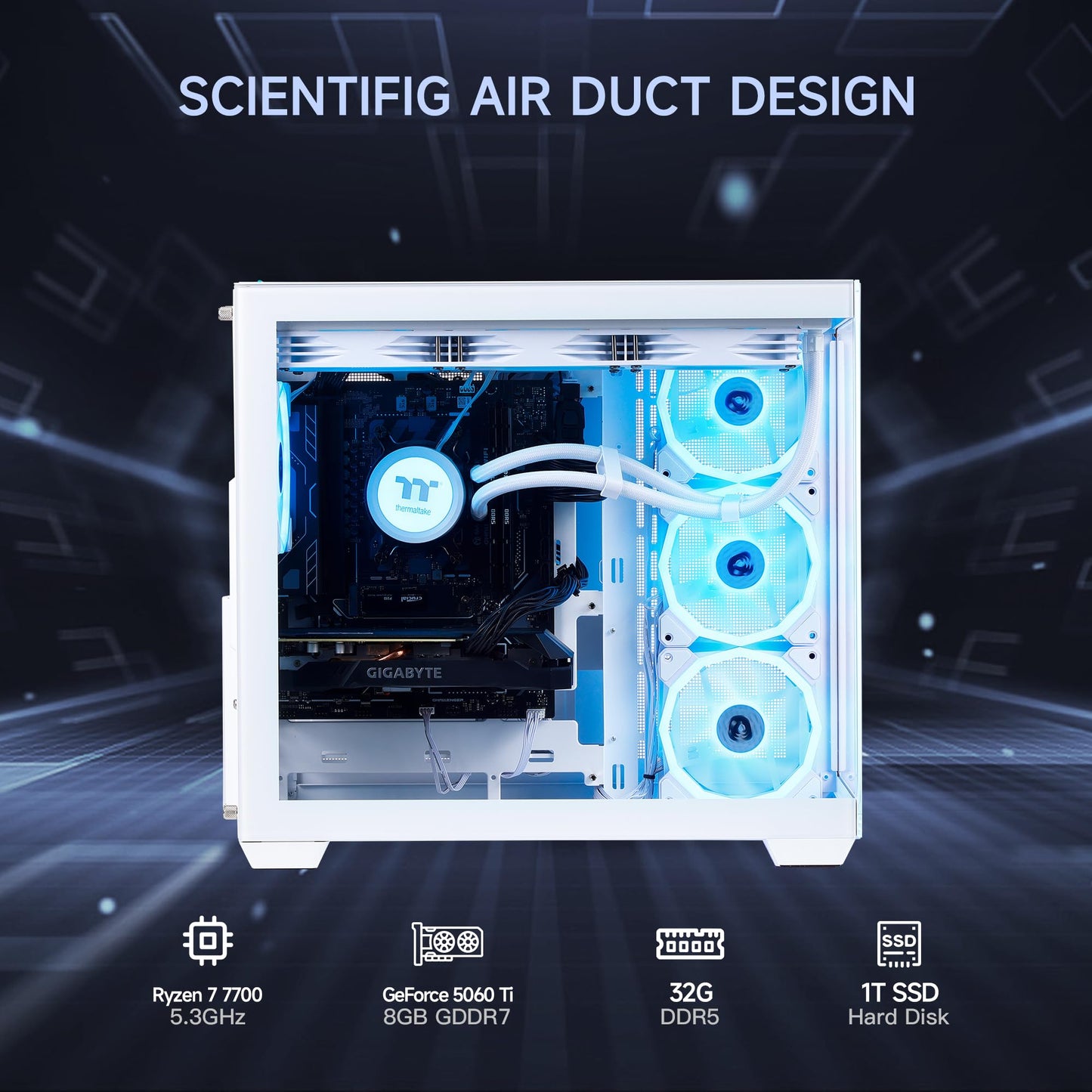 MLOONG X-Dragon Gaming PC Desktop, AMD Ryzen 7 7700 8 core 3.8GHz(up to 5.3GHz), GeForce RTX 5060Ti 8GB, 32GB DDR5 RAM 6000MHz, 1TB NVME SSD, 600W PSU, Windows 11 Home, WiFi, White