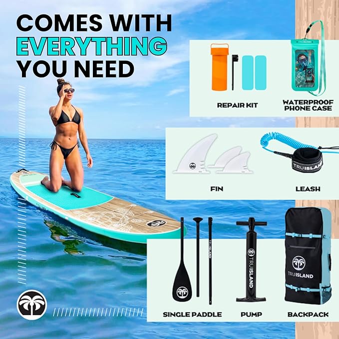 TRUISLAND Inflatable Paddle Board, Stand Up Paddle Board with Backpack, Non-Slip Thickened Deckpad, Waterproof Phone Case, Leash, Paddle, Hand Pump