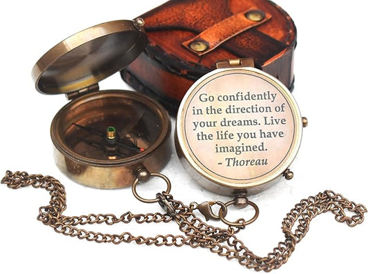 -Thoreau's Go Confidently Graduation Gift for him, Camping Compass with Leather Pouch Boating Hiking Religious Gifts, Missionary Gifts Keepsake. Confirmation Gift Direction Compass