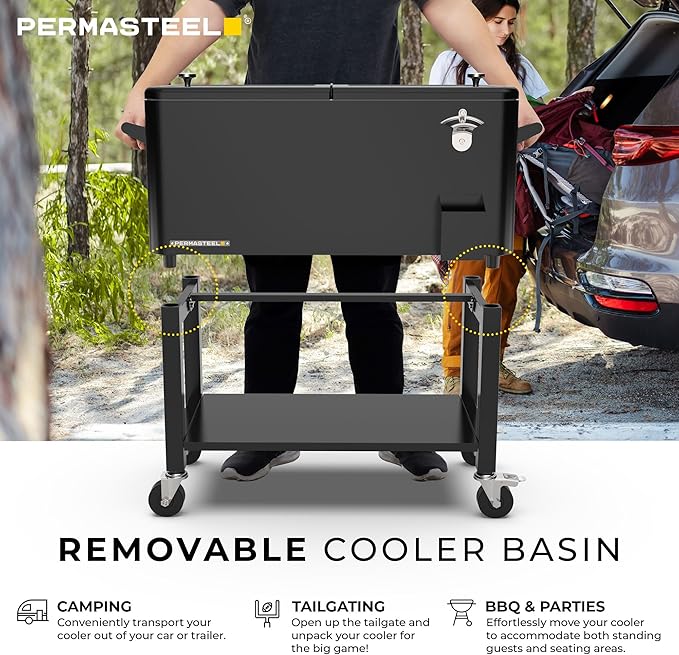 Permasteel Party Cooler with Removable Basin, Spacious 80-Qt Capacity, Rolling Ice Chest for Indoor and Outdoor Entertainment Black + Bonus Cover
