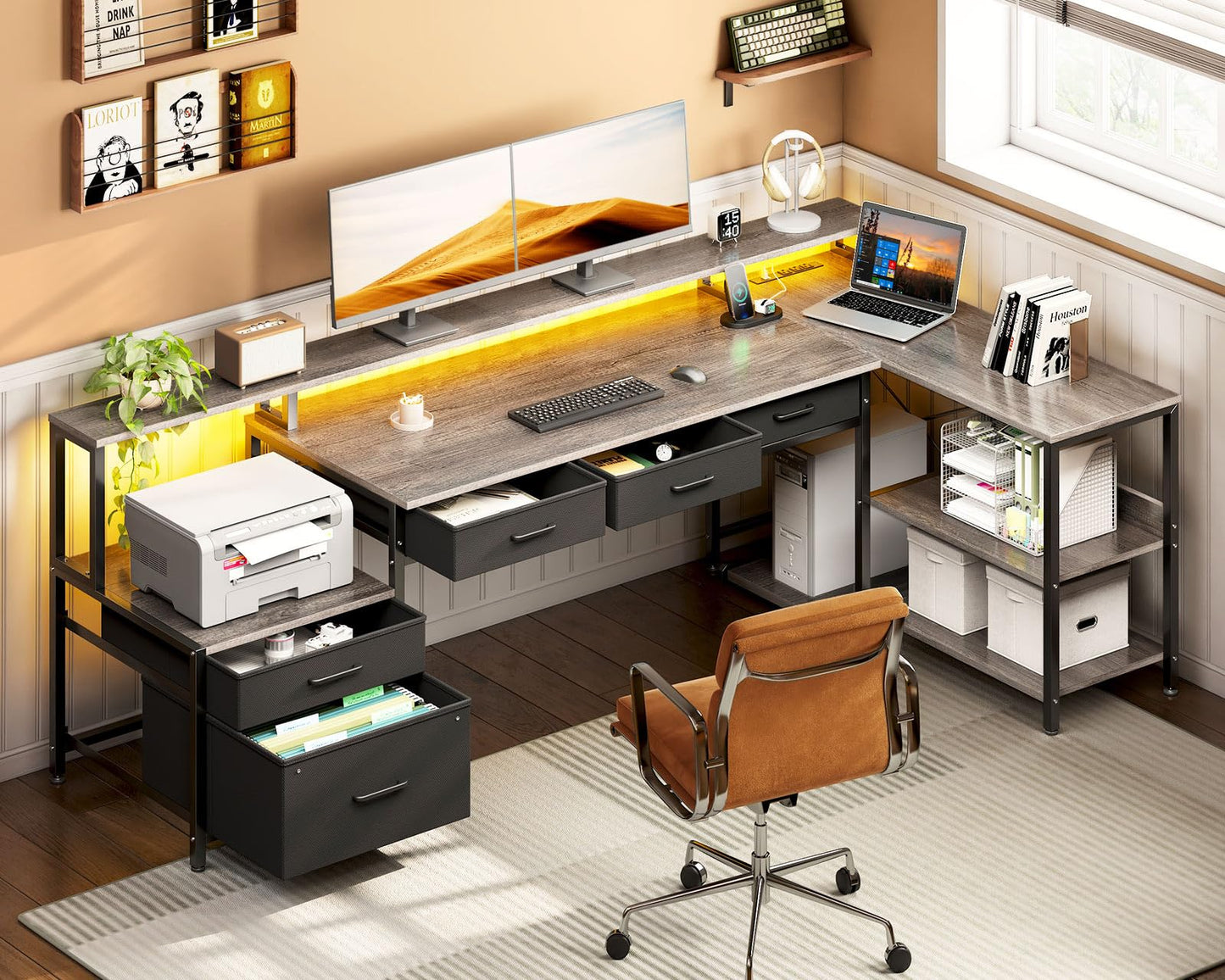 AODK L Shaped Desk with 5 File Drawers, 75" Reversible L Shaped Computer Desk with Power Outlet & LED Strip, Office Desk with Storage Shelves, Gaming Table with Monitor Shelf, Corner Table, Grey Oak