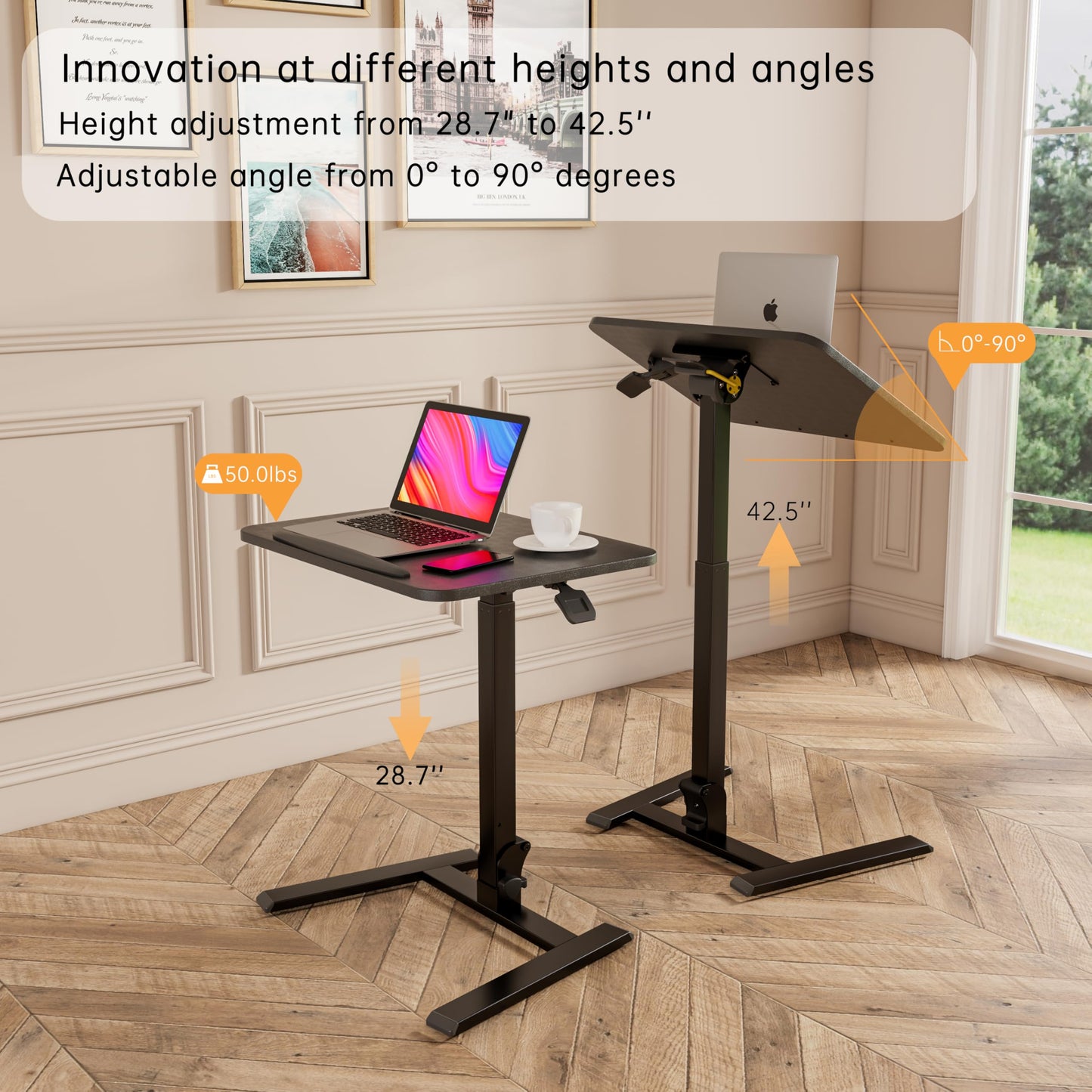 alawooder Mobile Folding Desk 25 Inch - No Assembly Sit-Stand Desk,Height Adjustable Rolling Laptop Desk, Space-Saving Portable Desk with Wheels for Home Office Craft & Study, Black