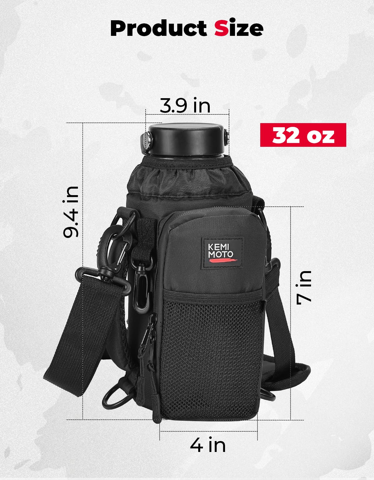 KEMIMOTO Water Bottle Holder Bag, Water Bottle Carrier with Adjustable Shoulder Strap, Water Bottle Pouch Holder for Hiking, Compatible with YETI STANLEY SLM 32 oz, 40 oz (Black-1, Elastic Band-32 oz)