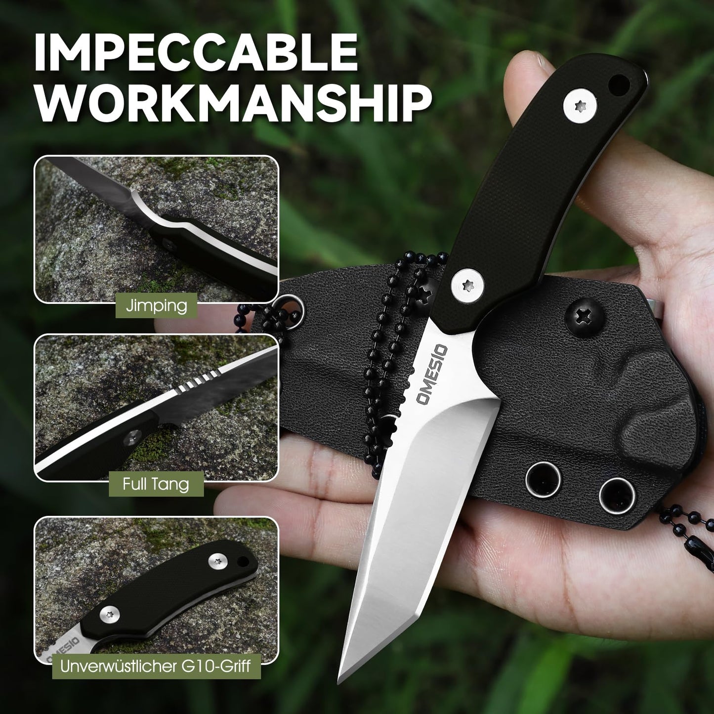 Omesio Tanto Neck Knife, Small Fixed Blade Knife with Kydex Sheath and Clip, Full Tang 6" Neck Knife with Sheath and Necklace, Mini Tactical EDC Knife D2 Steel G10 Handle(White Steel+ Black Handle)