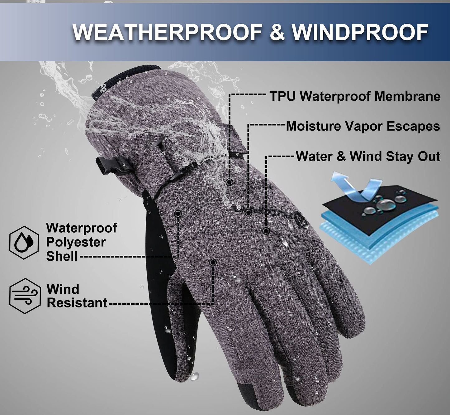 ANDORRA Women's Winter Gloves Waterproof Touchscreen Ski Gloves, Grey, L