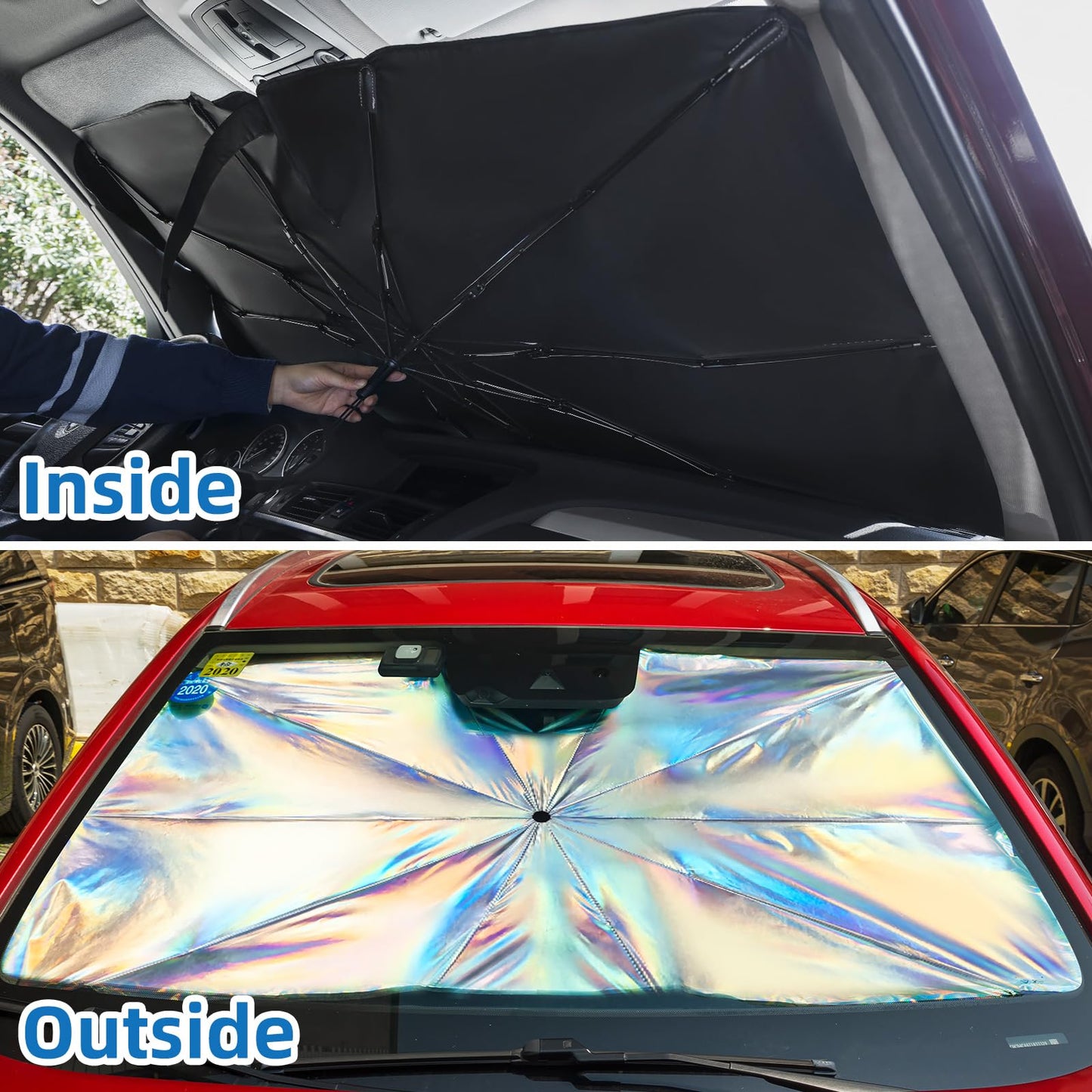 AOKWAY Windshield Sun Shade Umbrella, Foldable Car Sunshade with UV Blocking - Protect Car from Sun Rays & Heat Damage Keep Cool and Protect Interior,Medium (59.1" L x 32.2" W)
