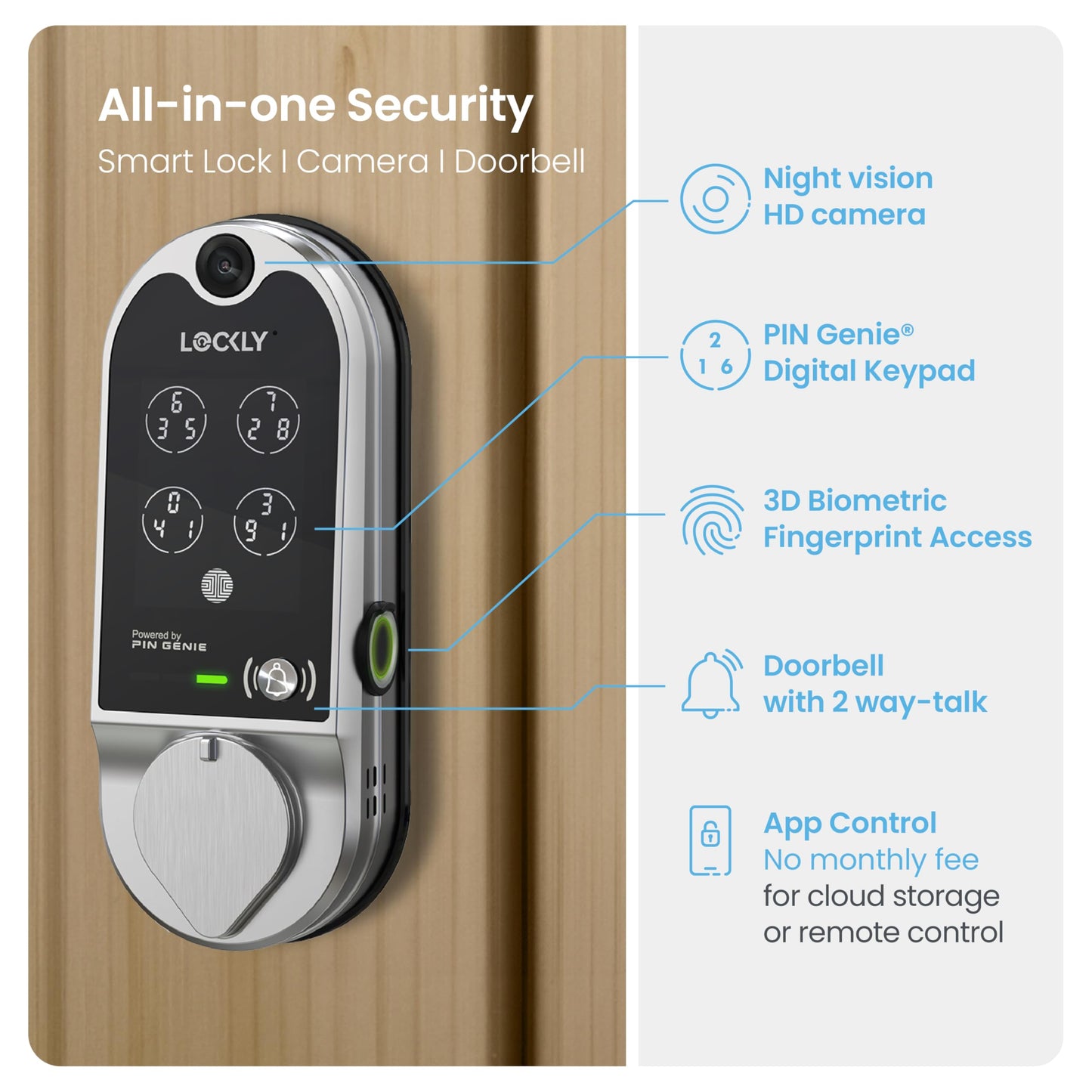 (Refurbished) Lockly Vision Smart Lock with Camera, Video Doorbell Keyless Entry Door Lock Wi-Fi, PIN Genie Keypad, Fingerprint, Auto Lock, Remote Control, Easy Installation, No Monthly Fee