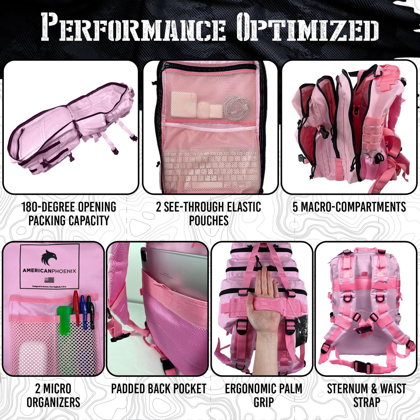 AMERICANPHOENIX 45L Elite Tactical Backpack | 3X Stronger Work & Military Backpack | Water Resistant and Heavy Duty | 3 Day MOLLE Bug Out Bag (Rose Pink)