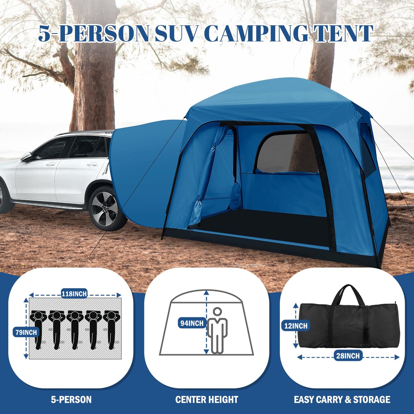 Qualencey SUV Tent, Dual Mode (Party & Privacy), Heavy-Duty Oxford Fabric, Sturdy Metal Frame, Quick Connect Setup for SUV/Jeep/Truck with Cap, All-Season Waterproof Camping Shelter (Blue)