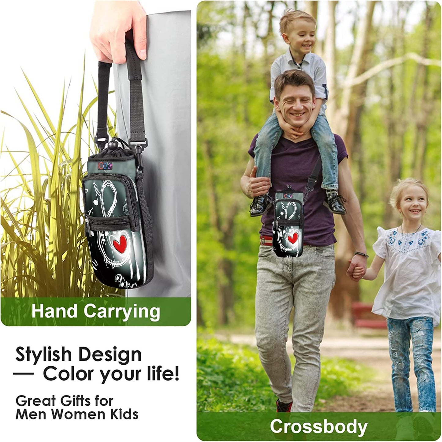 icolor Water Bottle Carrier Bag Holder 25/32/40/64oz,Adjustable Padded Shoulder & Handle Strap Sports Sling Hiking Pack,Insulated Neoprene Wide Mouth Bottle Sleeve