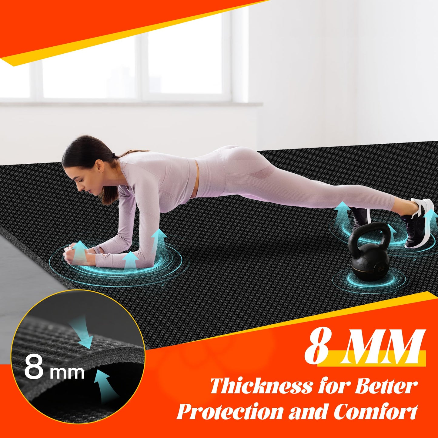 VTORY 8mm Large Workout Mat 6×4 ft – Extra Large Wide Yoga Mat & Pilates Mat Thick, Non-Slip Exercise Mat for Home Gym, Home Workout, HIIT, Strength, Stretching