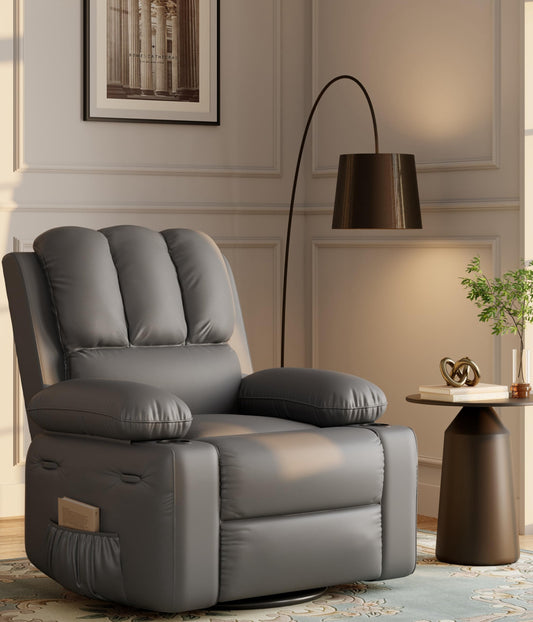 Garvee 22'' Recliner Chair for Adults, Manual Recliner with 1.5X Sponge Filling, PU Leather Single Sofa with Cup Holders and Side Pockets, for Nursery, Living Room, Bedroom, Light Grey