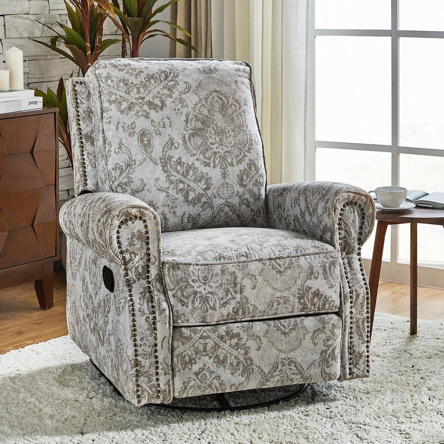 HULALA Home Swivel Rocker Recliner Set of 2, Modern Printed Fabric Swivel Recliner Chair for Adults Glider with Adjustable Backrest & Footrest, Beige