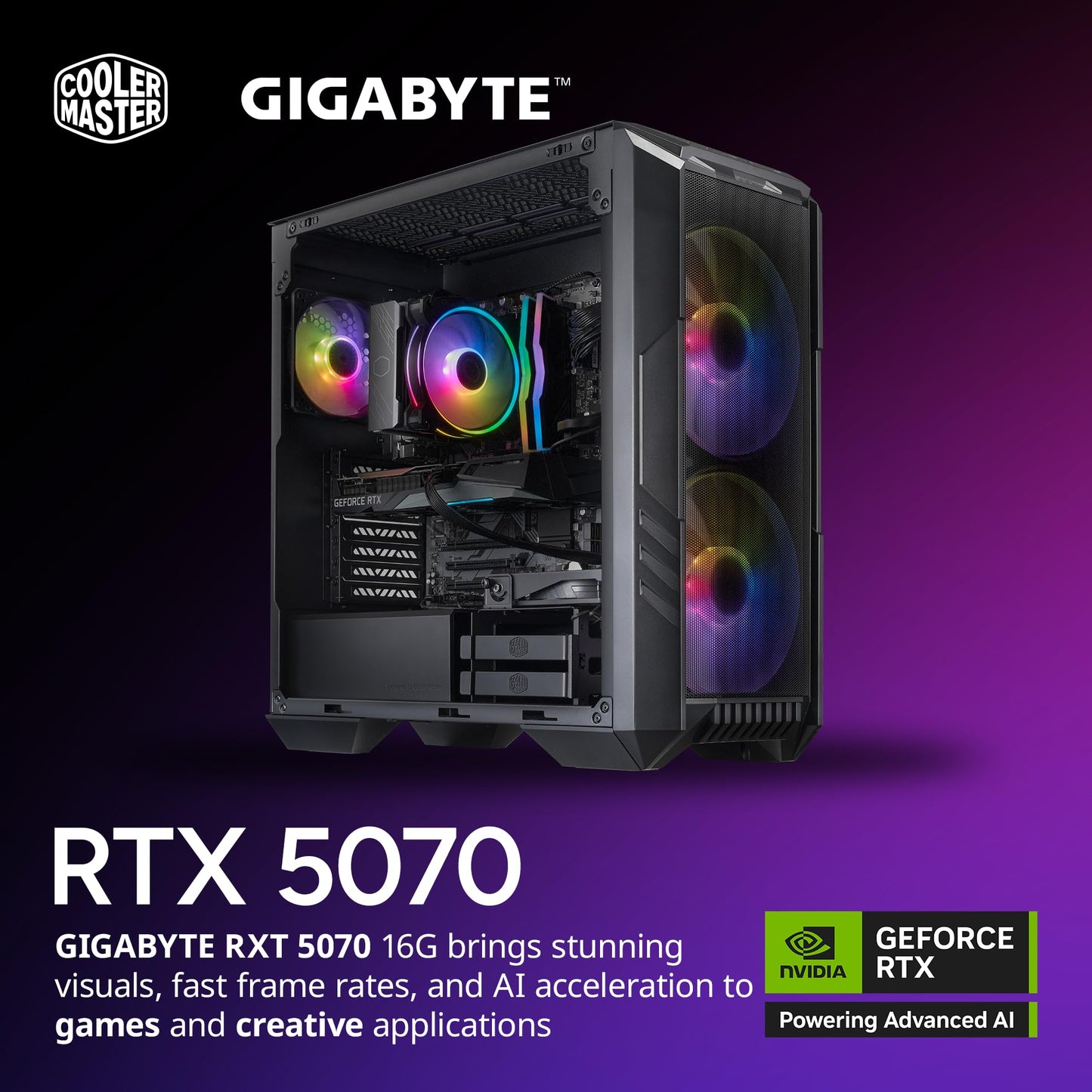 Cooler Master HAF 5 Pro AMD RYZEN 7 7800X3D 4.2 GHz | Gigabyte RTX 5070 12GB & B650 Motherboard | 32GB (2x16GB) DDR5 6000MHz | 2TB Gen4 M.2 | WiFi | Windows 11 | Hyper 212 Halo Cooler Gaming PC