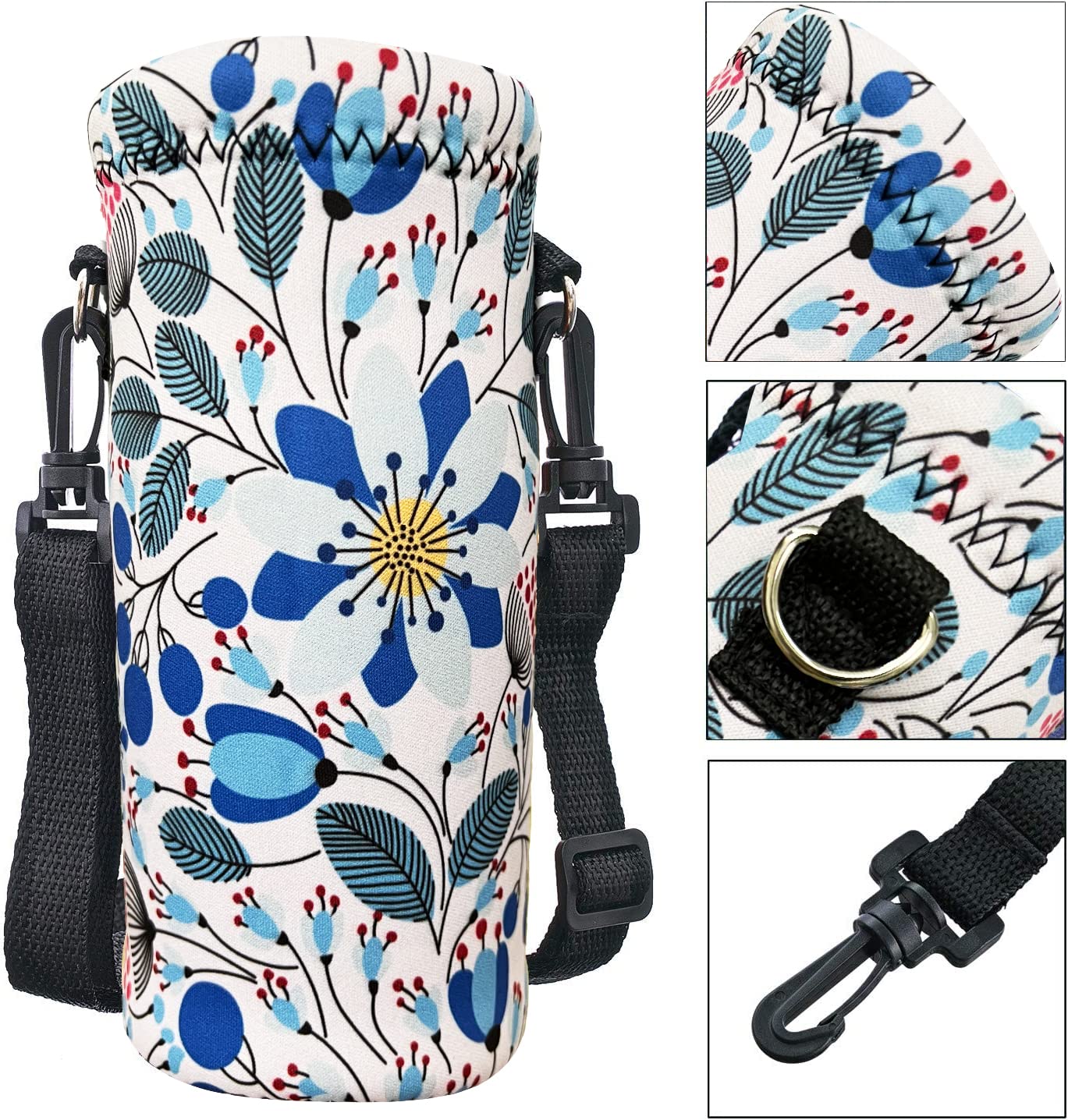 RICHEN Neoprene Water Bottle Carrier Bag with Adjustable Shoulder Strap,Insulated Water Bottle Cover for 500ml/16oz Stainless Steel/Glass/Plastic Bottles Bottles (Blue Flowers,500ML)