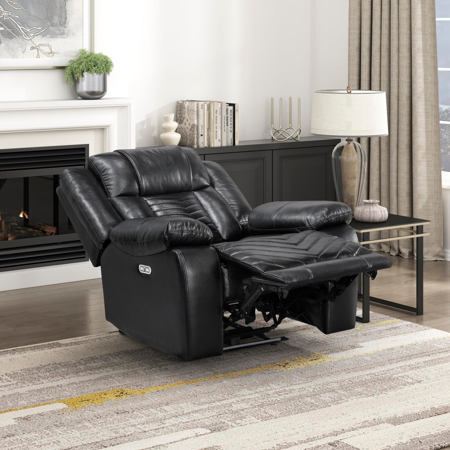 Lexicon Power Recliner Chair, Faux Leather Upholstered Home Theater Seating with LED Lighting, USB Charging Ports, Single Wall Hugger Reclining Chair for Living Room/Bedroom Easy Assembly, Black