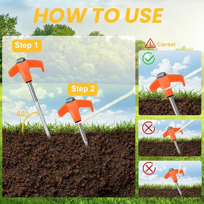 8" Screw in Tent Stakes 20PCS - Ground Anchors Screw - Screw in Tent Stakes Heavy Duty- Tent Pegs Camping Stakes- Hex Pegs Drillable Tent Stakes and Hexagon Head Drive and Storage Box (Orange)