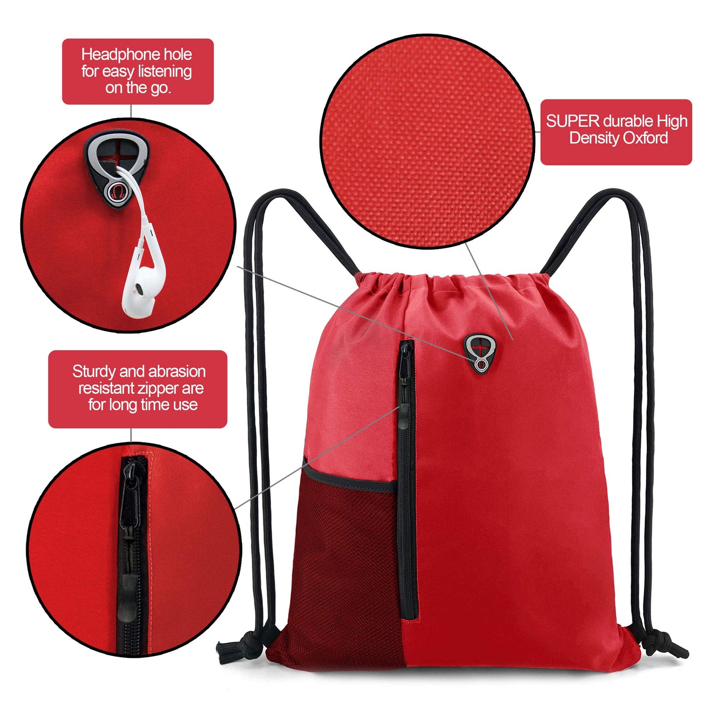 BeeGreen Red Lightweight Drawstring Backpack For Women W Water Bottle Pocket &Front Zippered Pocket Large Sports String Sackpack For Traveling Yoga Beach Outdoor Gym
