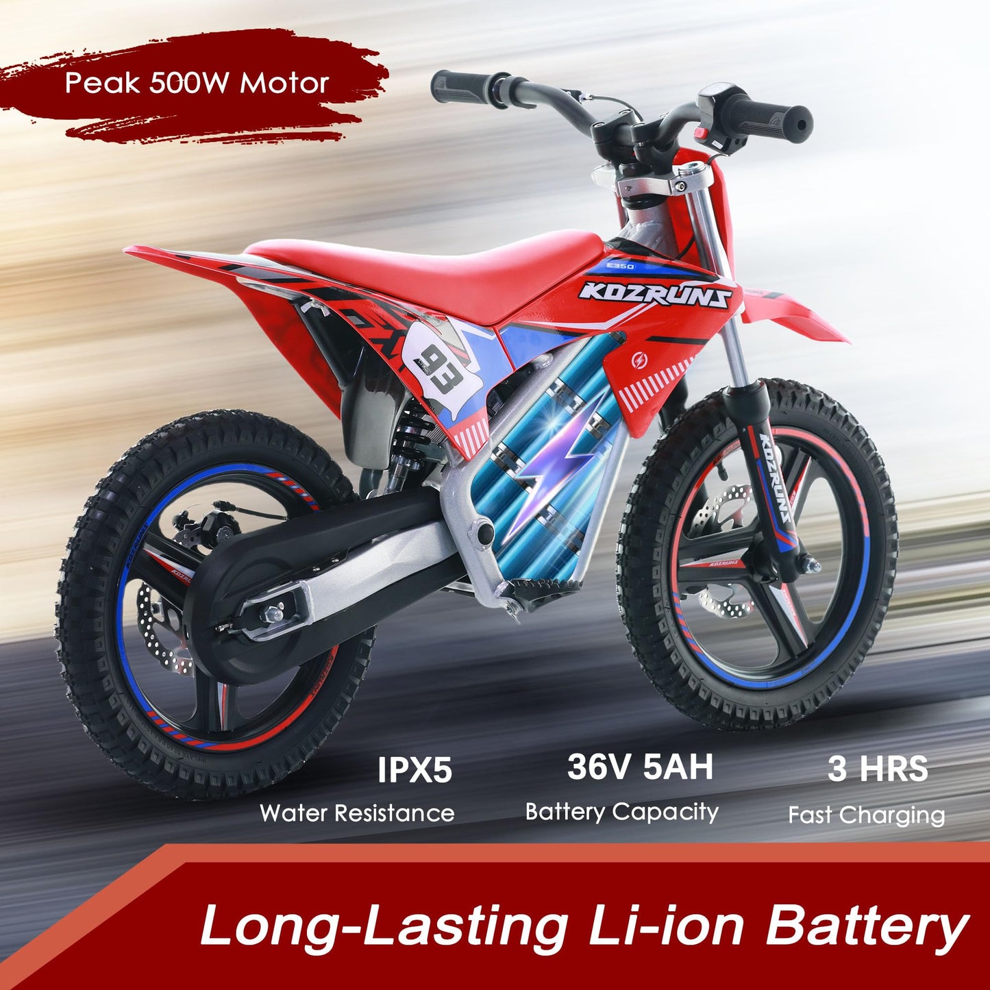 OLALA 36V Electric Dirt Bike for Kids Aged 4-8, Brushless 350W Racing Grade Electric Motorcycle, Up to 18.6MPH & 3 Speed Settings, Dual Disc Brakes, 14'' Off-Road Knobby Tires, Red