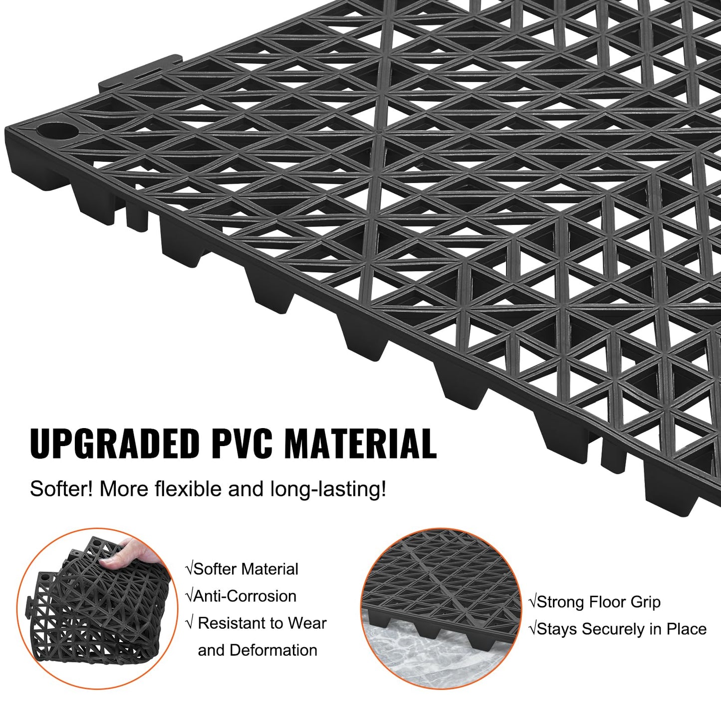 VEVOR Interlocking Tile 55PCS Black, Drainage Tiles 12" x 12" Splicing, Soft PVC Interlocking Drainage Floor Tiles, Non-Slip Drainage Holes for Restroom, Bathroom, Kitchen, Pool, Wet Areas