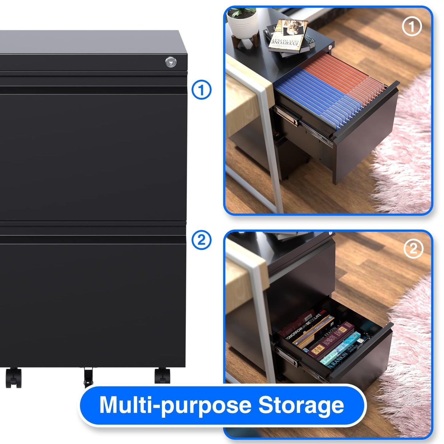 Aobabo 2 Drawer File Cabinet, Lockable Metal Filing Cabinet with Wheels for Home Office, Legal/Letter Size, Fully Assembled Except Wheels, Black
