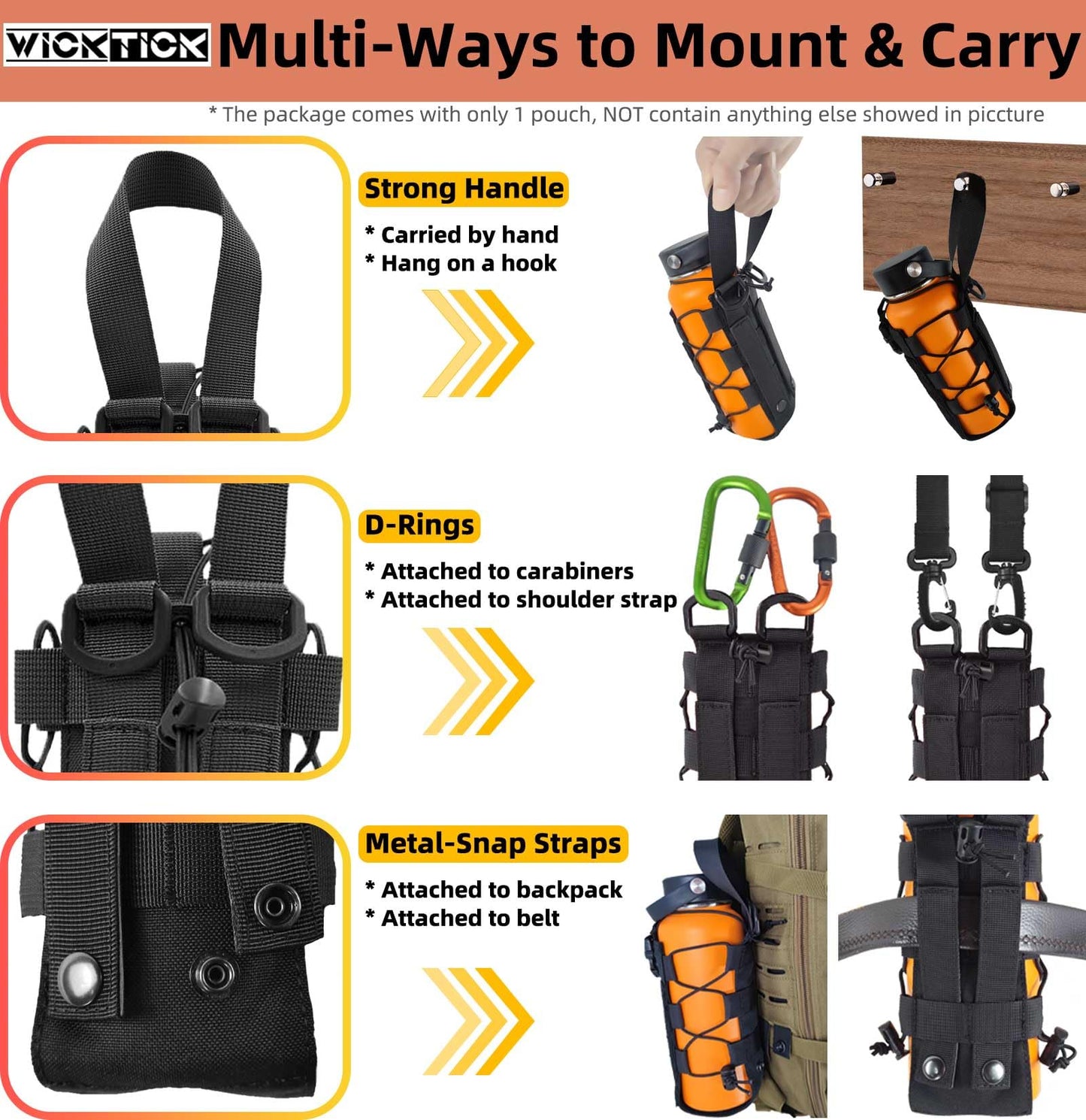 WICKTICK Molle Water Bottle Holder Pouch 16 24 32 40 64 oz - Multi-Purpose Tactical Fuel Bottle Bag, Adjustable Size for Outdoor Activities, Adapted to Backpack/Vest/Belt (Green, Classic)