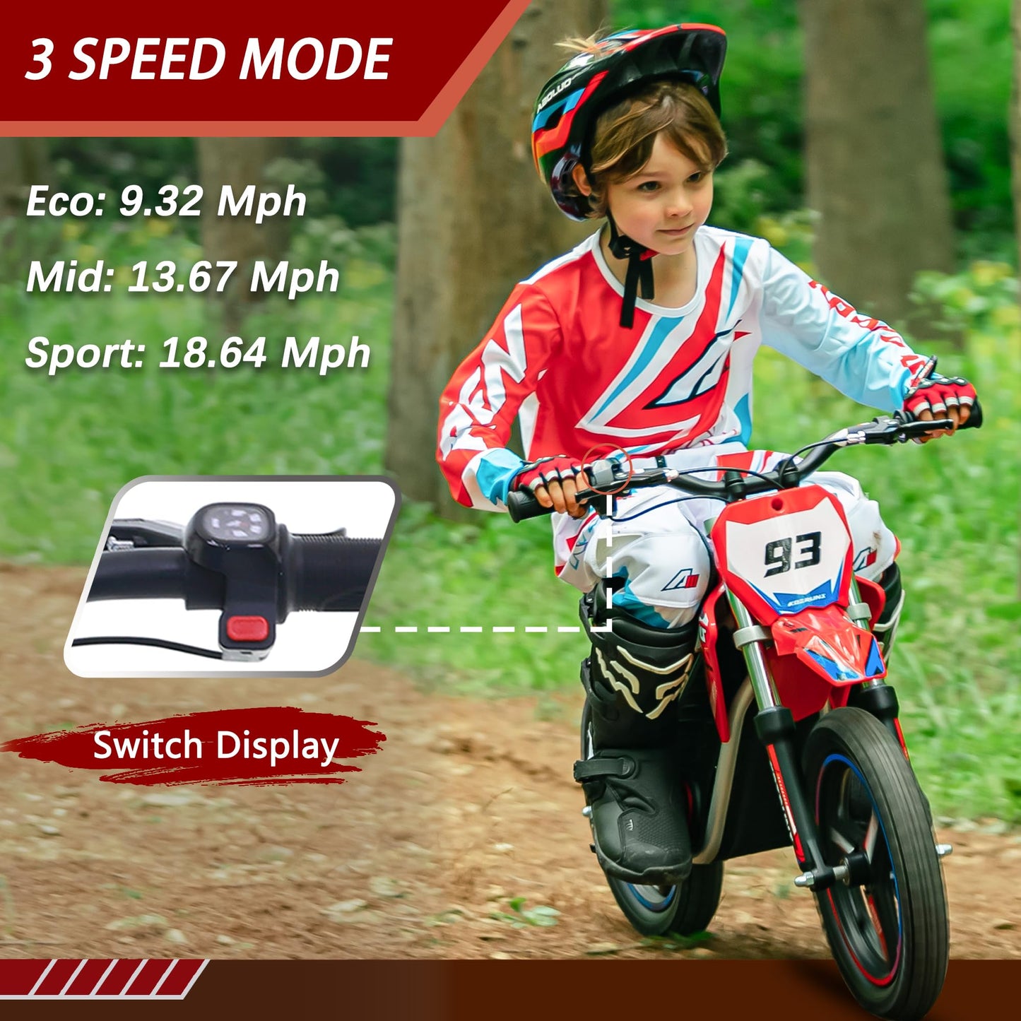 OLALA 36V Electric Dirt Bike for Kids Aged 4-8, Brushless 350W Racing Grade Electric Motorcycle, Up to 18.6MPH & 3 Speed Settings, Dual Disc Brakes, 14'' Off-Road Knobby Tires, Red