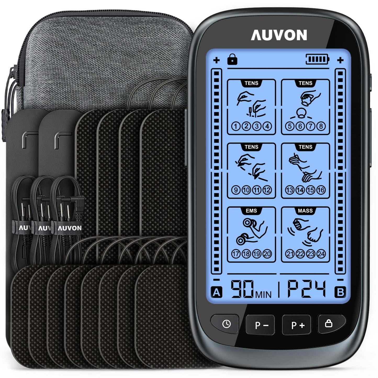 AUVON 3-in-1 TENS Unit Muscle Stimulator, Dual Channel Electronic Pulse Massager, TENS EMS Machine, 24 Modes Muscle Massager for Pain Relief Therapy, EVA Travel Case, 12 Pcs TENS Unit Electrodes Pads