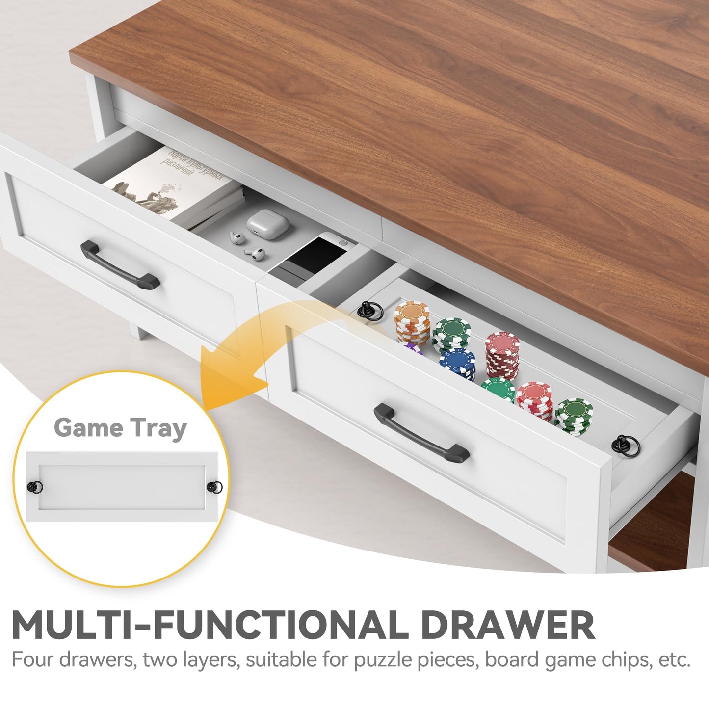 DWVO Farmhouse Coffee Table: 3-in-1 Board Game Center with Removable Top, 4-Drawer Puzzle Station & Built-in Power Outlet, Living Room Furniture with Play Mat (Walnut)