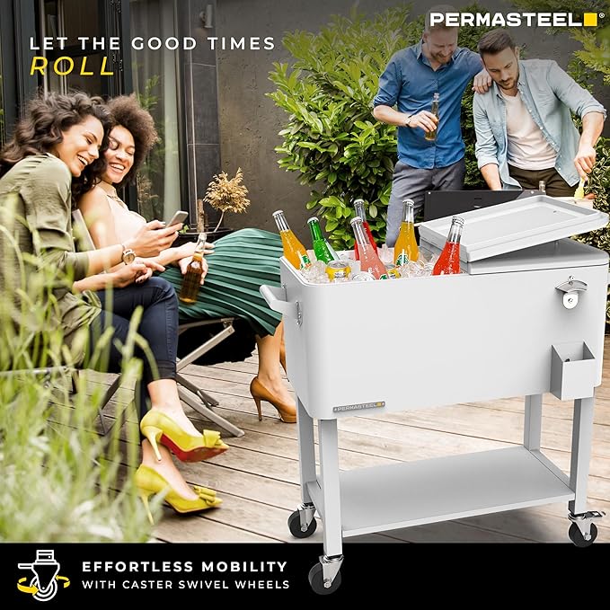 Permasteel Party Cooler with Removable Basin, Spacious 80-Qt Capacity, Rolling Ice Chest for Indoor and Outdoor Entertainment White + Bonus Cover