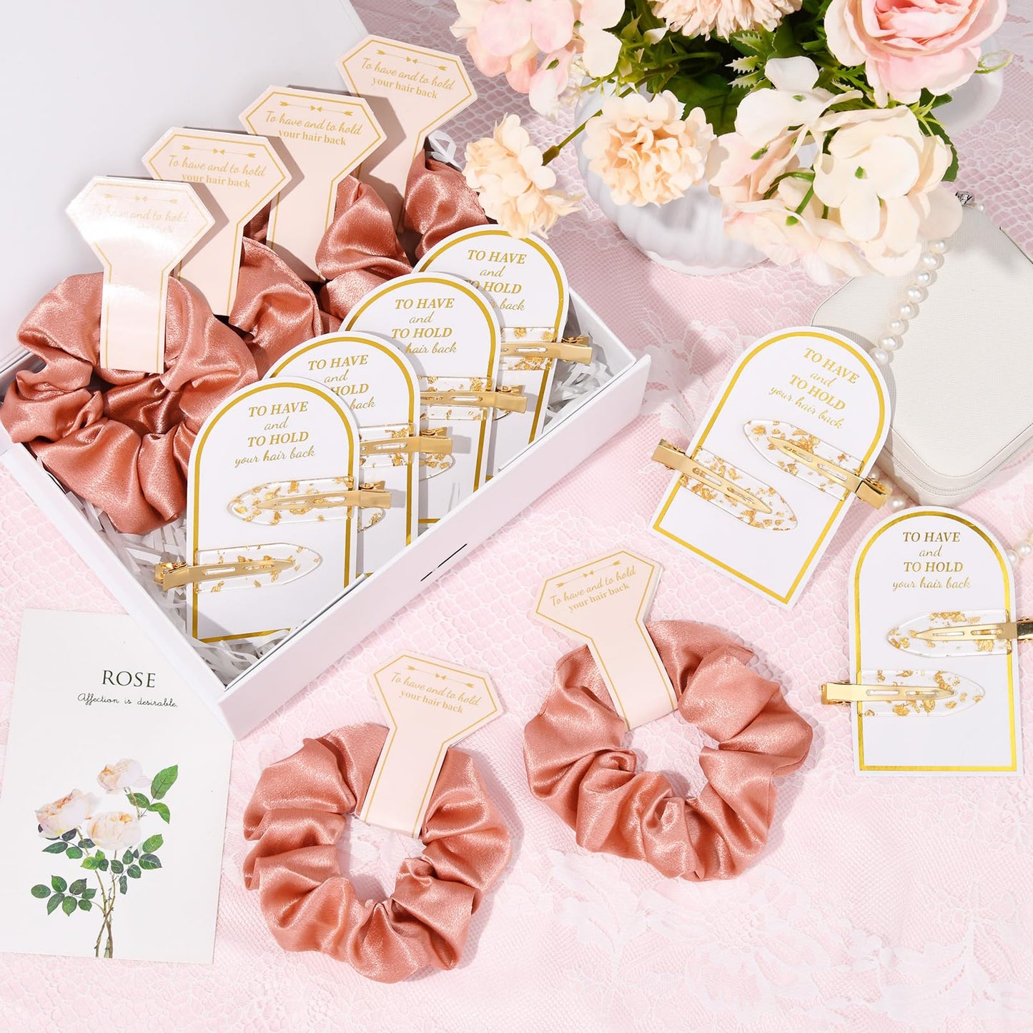 Aileam 12 PCS Bridesmaid Proposal Gifts, Gold Glitter Hair Clips and Silk Satin Scrunchies, Bridal Shower Favors for Women Girls