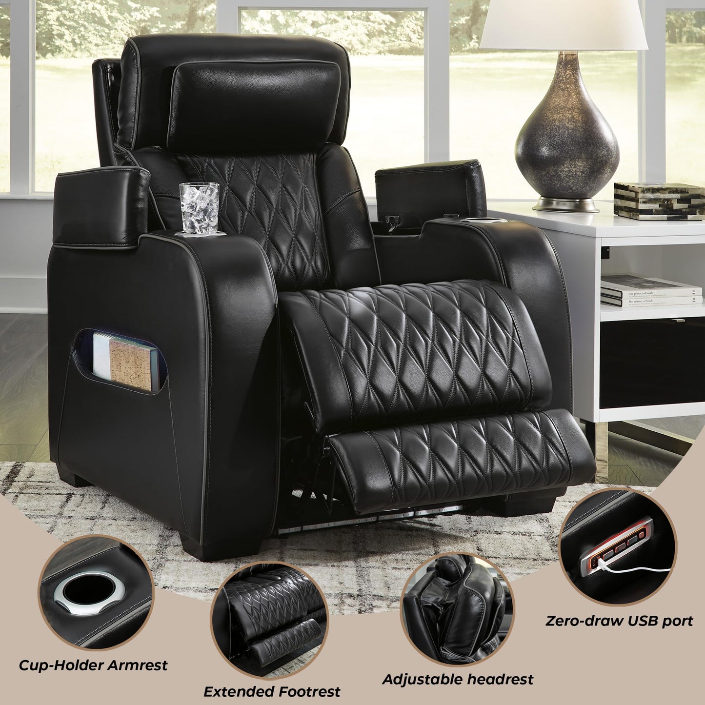 Signature Design by Ashley Boyington Contemporary Leather Match Power Recliner with Adjustable Headrest, Cup Holders, USB Port and Air Massage System, Black