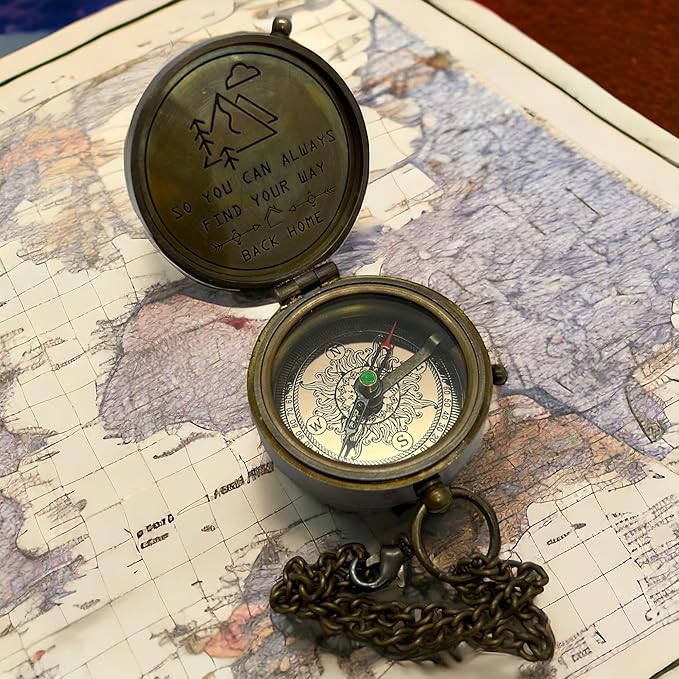 Antique Brass Compass with Detachable Chain & Carrying Case – Vintage Nautical Navigation Tool for Outdoor Hiking, Survival, and Travel – Gift for Collectors and Adventurers