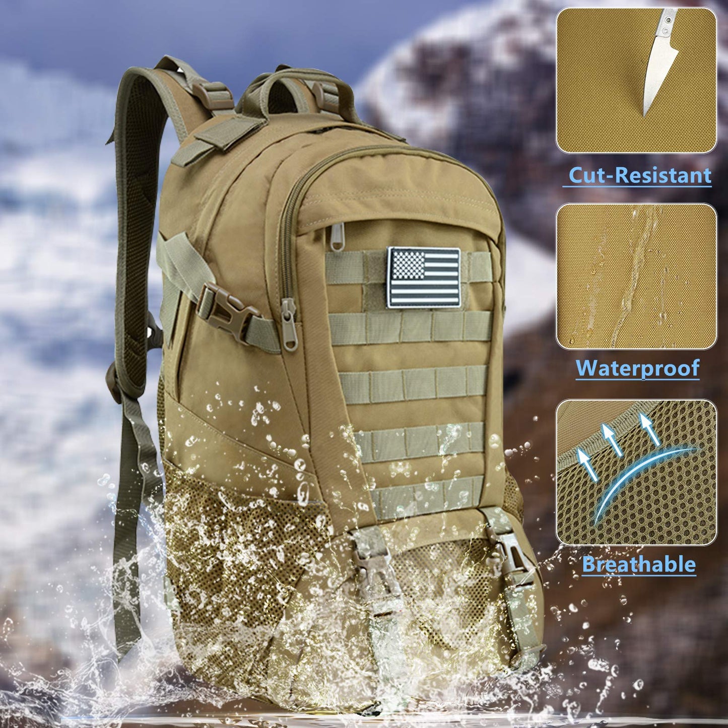 Jueachy Tactical Backpack for Men Hiking Day Pack Molle Military Rucksack Waterproof 30L EDC Bag with USA Flag Patch TAN Style