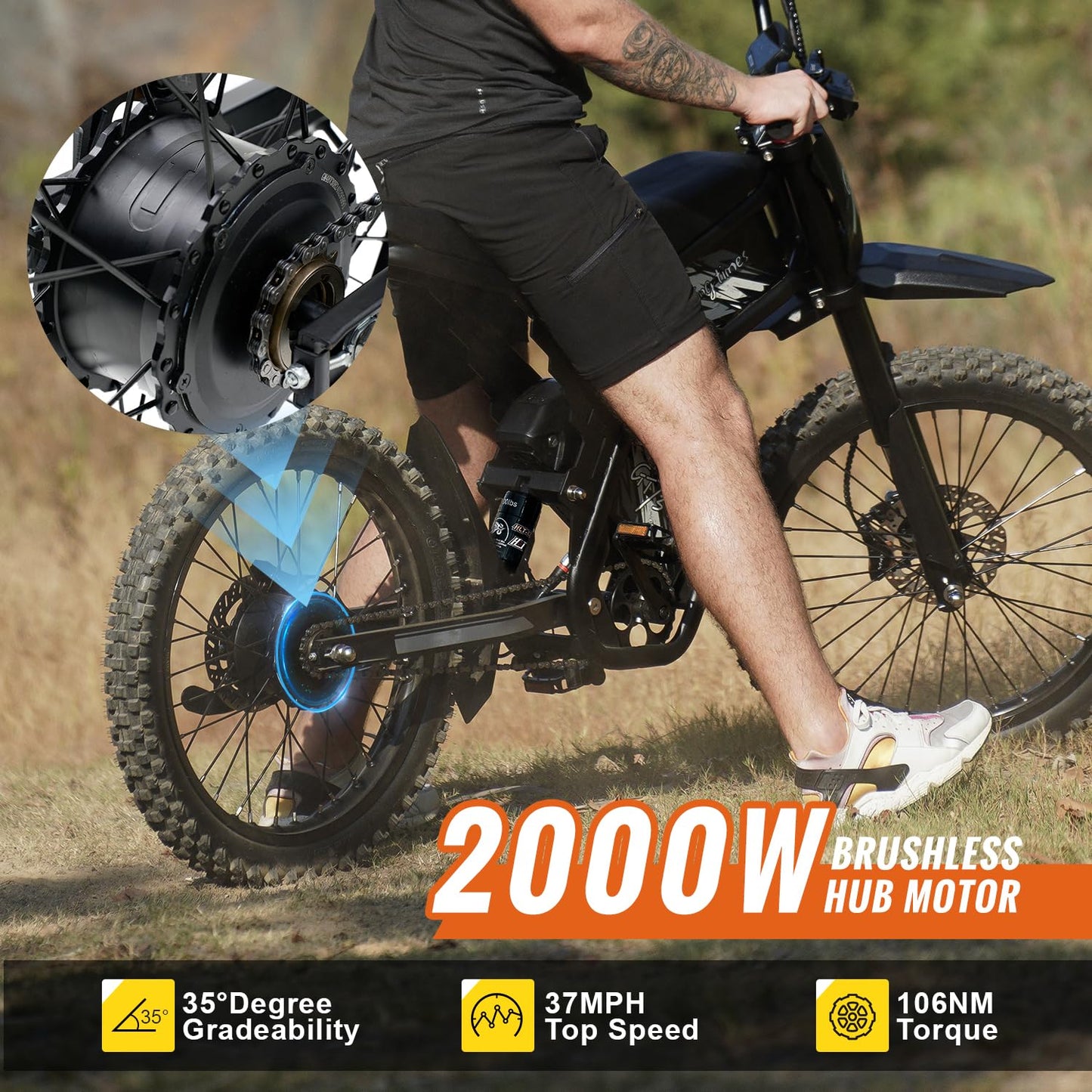 GT73 Electric Dirt Bike for Adults Teens, Upgraded 2400W Ebike with 36.4AH Dual Battery, 25 Inch Motorcycle Tires, Max 37 MPH & 85 Mile Long Range, Dual Hydraulic Brakes & Full Suspension
