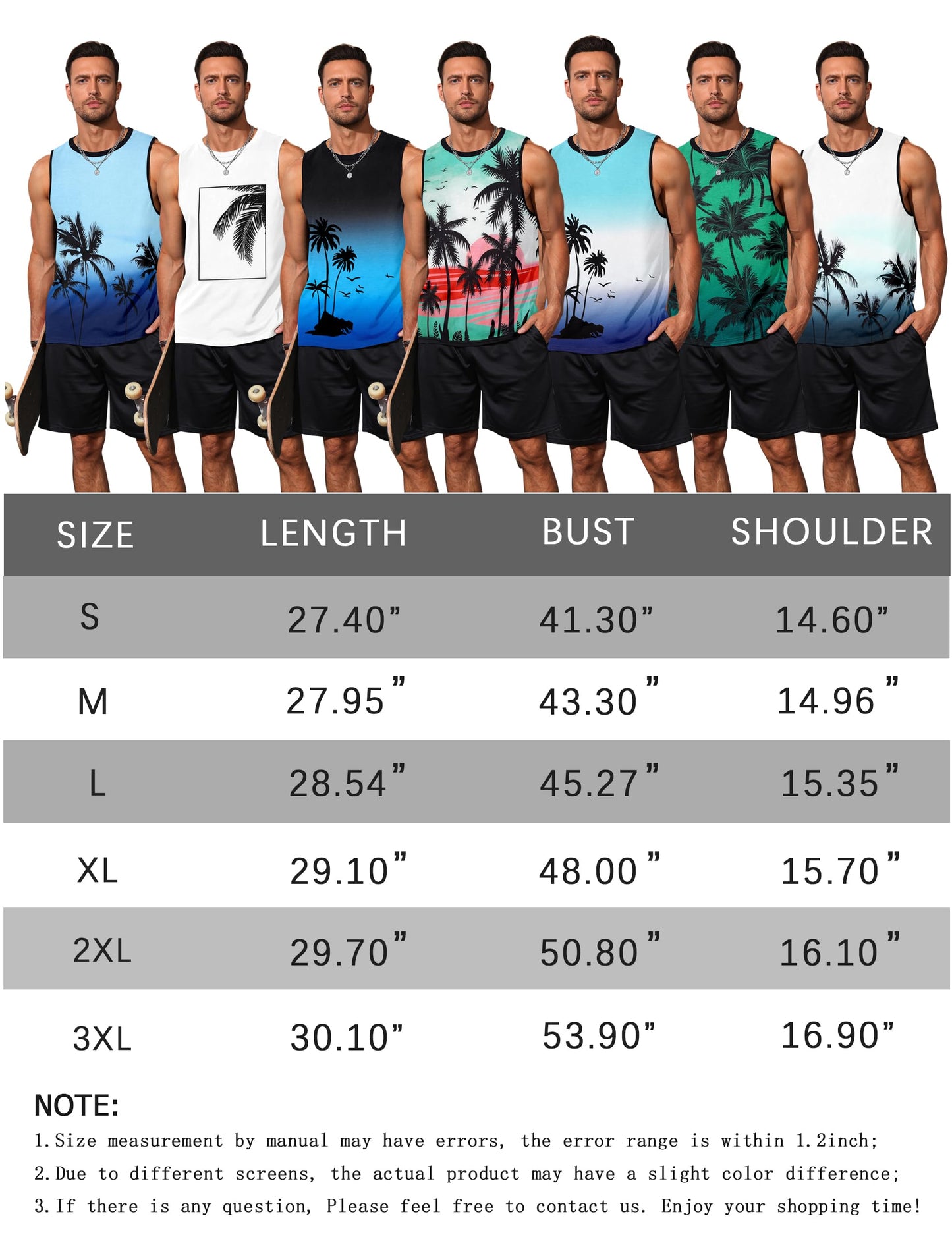 Gosuif Tank Tops Men Sleeveless Shirts for Men Men's Tank Tops Summer Beach Palm Tree Tank Tops Muscle Workout Gym Sleeveless Tank Shirts Green Hawaiian Men's Tank Shirts