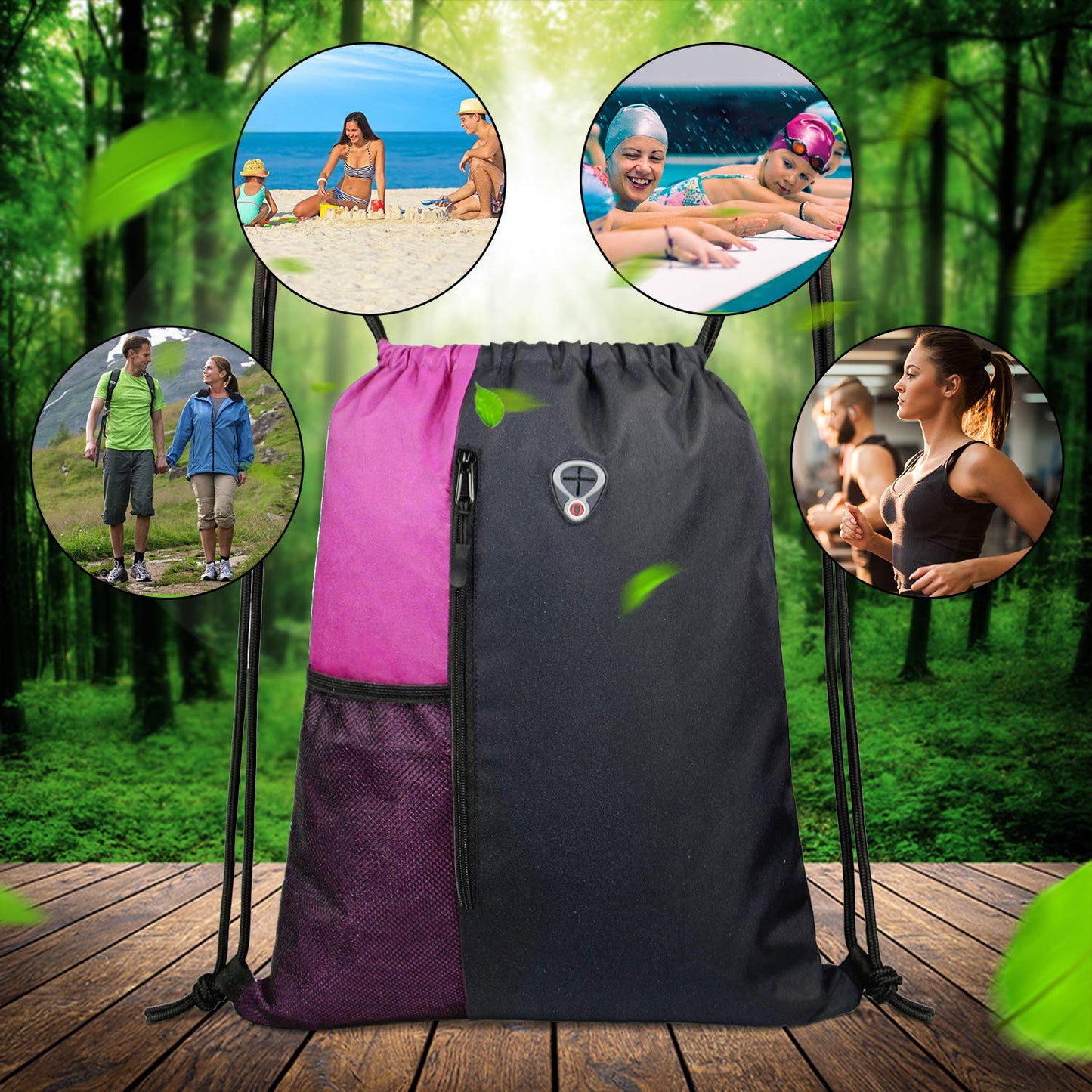 BeeGreen Sports Bag Drawstring Backpack With Water Bottle Pocket &Front Zippered Pocket Large String Bag Pack For Men Women