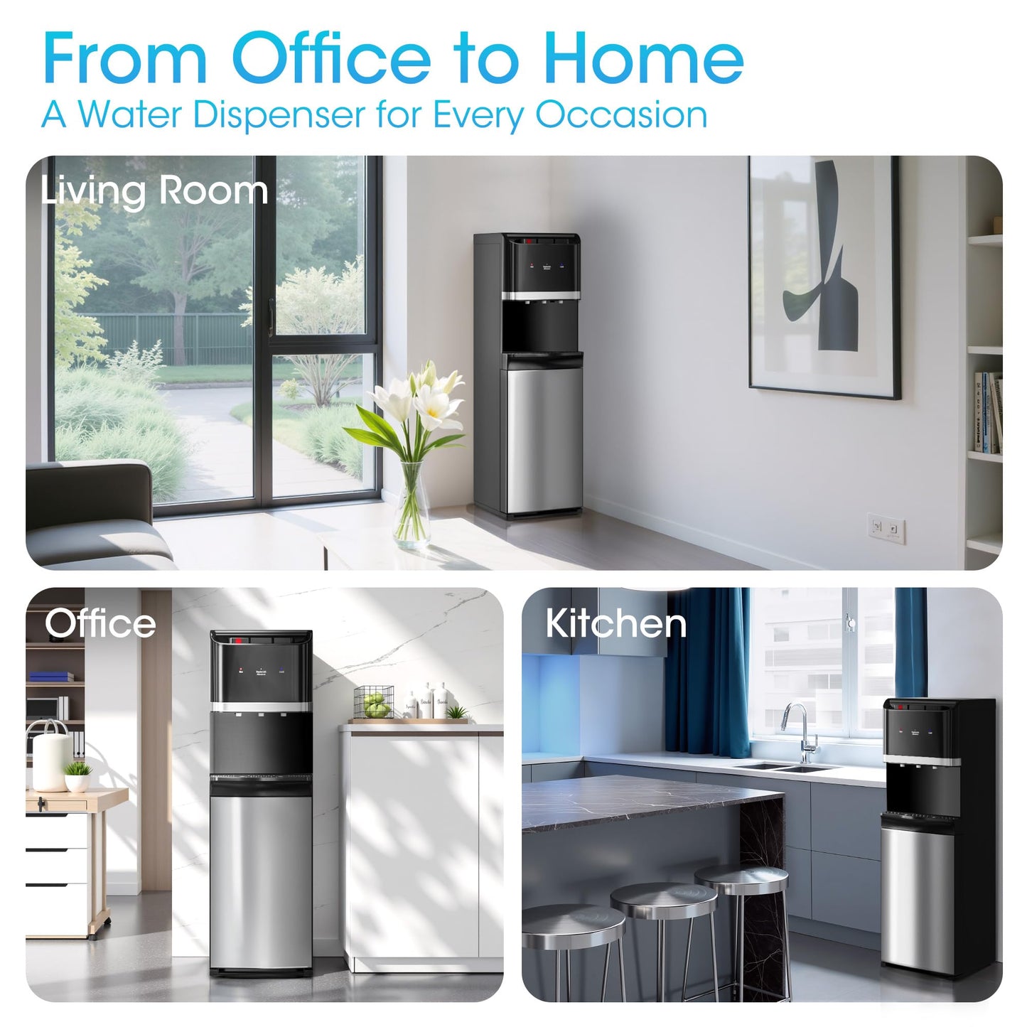 Manastin Bottom Loading Water Cooler Dispenser for 5 Gallon Bottles, Stainless Steel Water Cooler with 3 Temperature Settings - Hot, Cold & Room Water, Ideal Design for Home & Office, Jet Black