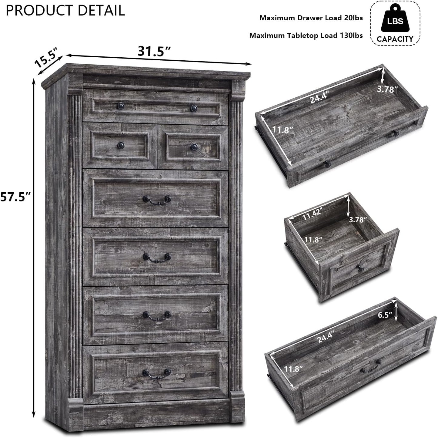 Aitjunz Farmhouse 7 Drawers Dresser for Bedroom, 57" Tall Large Dressers & Chests of Drawers w/Roman Column, Storage Dressers Organizer for Bedroom, Hallway, Living Room, Light Grey