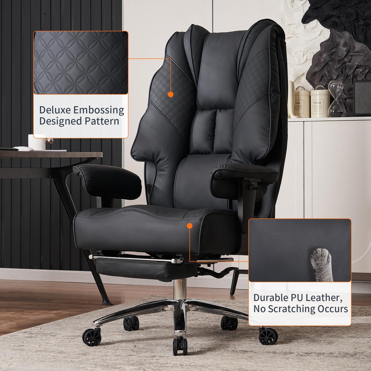 EXCEBET Big and Tall Office Chair 400lbs Wide Seat, Leather High Back Executive Office Chair with Foot Rest, Ergonomic Chairs Lumbar Support for Lower Back Pain Relief (Black)